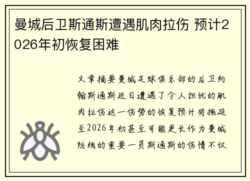 曼城后卫斯通斯遭遇肌肉拉伤 预计2026年初恢复困难 曼城后卫斯通斯遭遇肌肉拉伤 预计2026年初恢复困难
